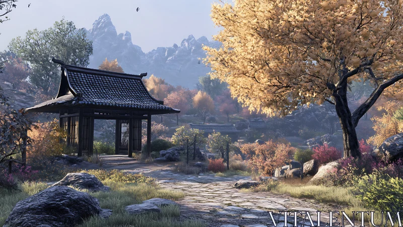 Japanese gate in autumn mountain landscape with stone path.