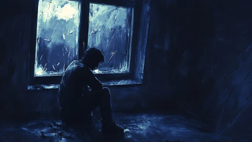 Solitary figure seated by window in dark interior space.