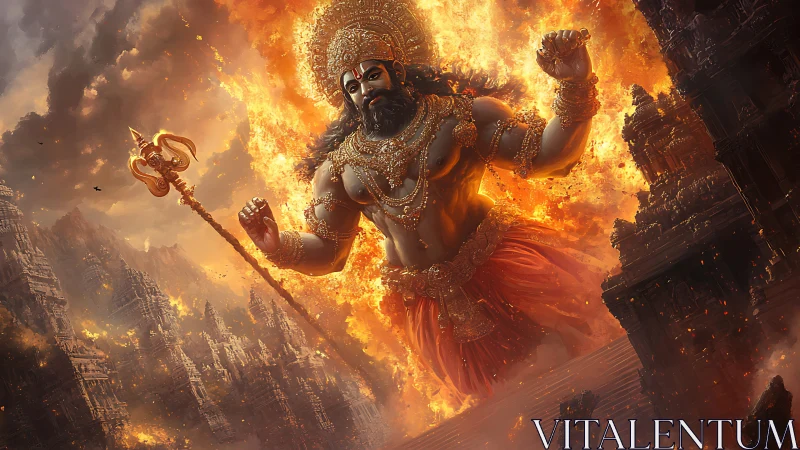 Colossal mythic figure advances through burning temple city