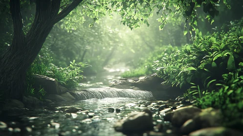 Forest stream running through dense green woodland with cathedral-like canopy