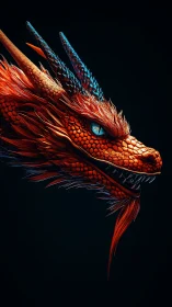 Fiery dragon profile glows against deep, shadowed darkness.