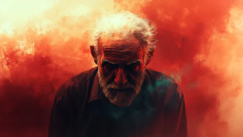 Elderly man emerges from burning clouds in haunting light