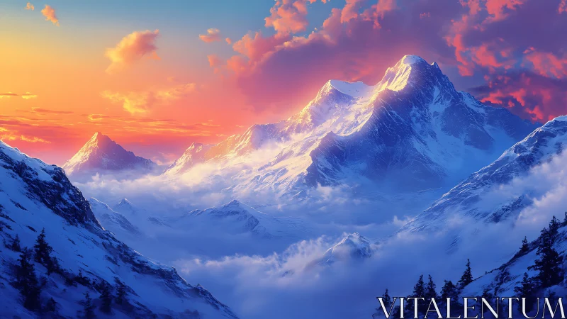 Radiant sunrise paints snow capped mountains in soft pastel light