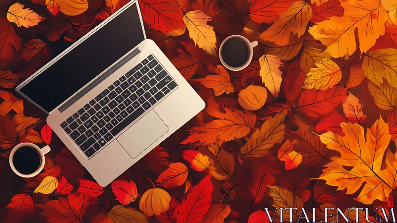 Laptop and coffee nestled in a swirling storm of autumn leaves.