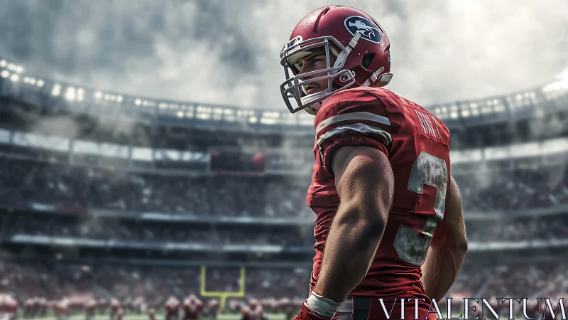 Football quarterback scans the smoky stadium before play.