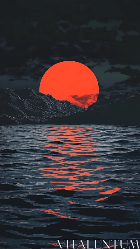 Crimson sun sinks beyond dark mountains over rippling sea