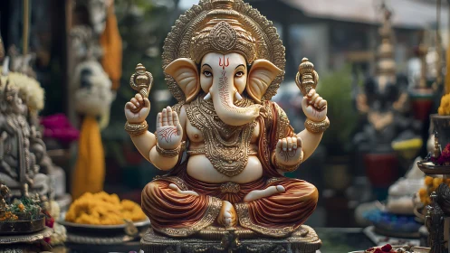 Ganesha statue sits centered in ornate outdoor market scene