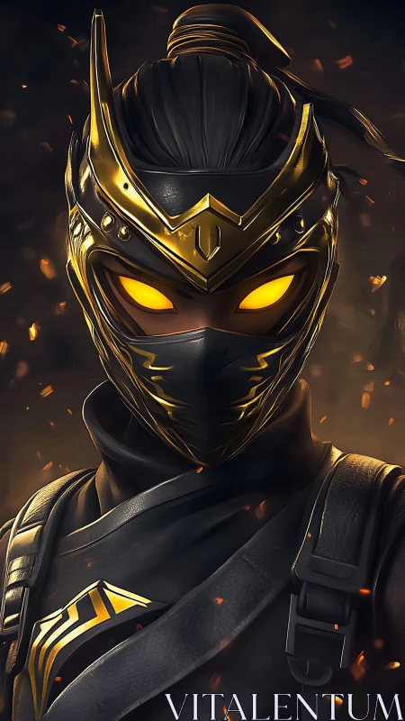 Masked futuristic ninja portrait with glowing golden eyes