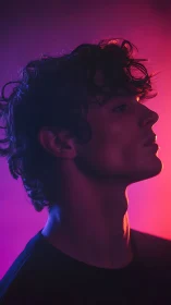 Neon side-lit male profile isolates sculpted jawline elegantly