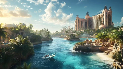 Tropical Resort Complex with Waterfront Architecture and Palm Trees