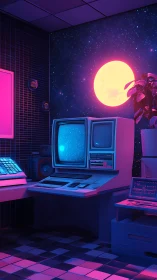 Retro computer lab under neon moonlit starfield wall.