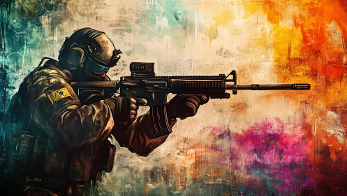 Helmeted soldier aims rifle against multicolor abstract field