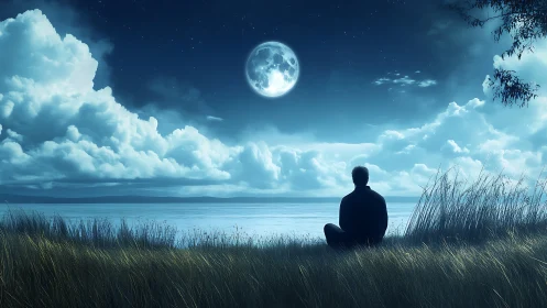 Solitary figure watches full moon above tranquil night lake