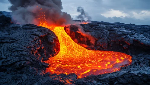 Active Lava Flow from Volcanic Eruption. Dark Landscape.