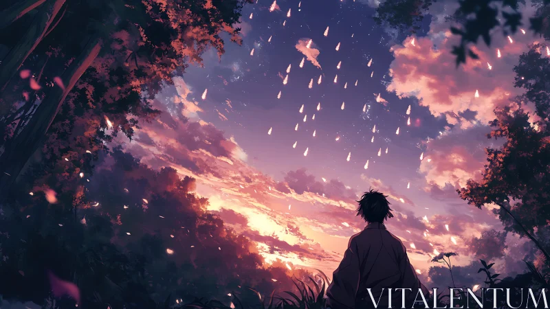 Solitary watcher beneath falling stars at pastel dusk.