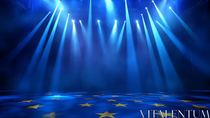 Stage lit with converging blue spotlights on star emblem floor
