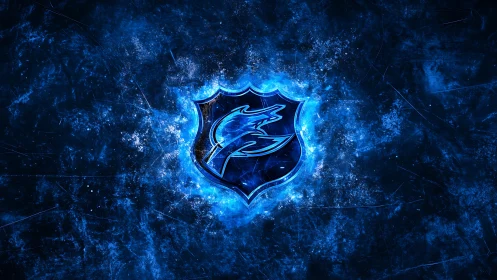 Electric blue shield emblem with stylized bird symbol.