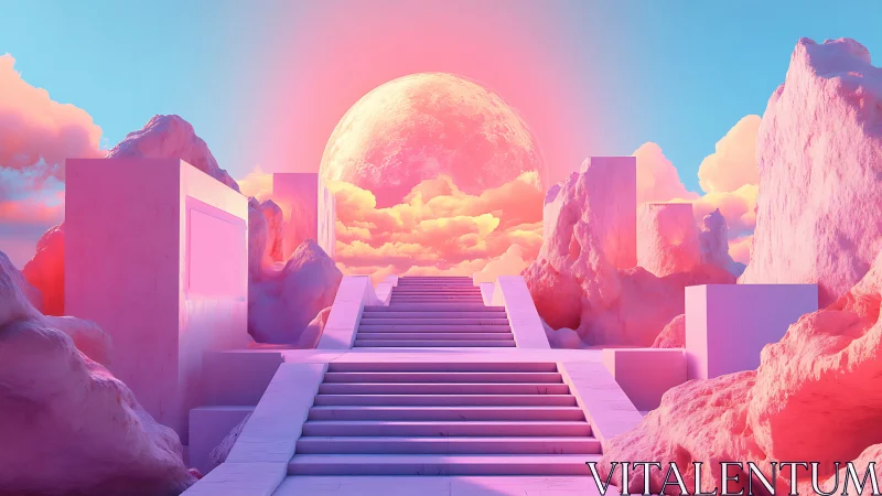 Stairway ascends through pink volumetric clouds toward luminous moon