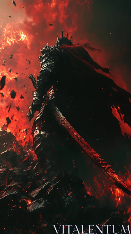 Armored dark knight stands amid erupting molten flames