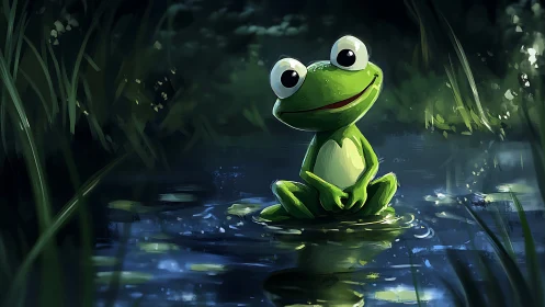 Moonlit pond philosopher frog smiles through rippling blues