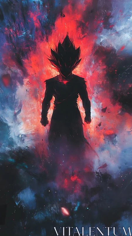 Silhouetted warrior ignites within fiery cosmic energy storm.