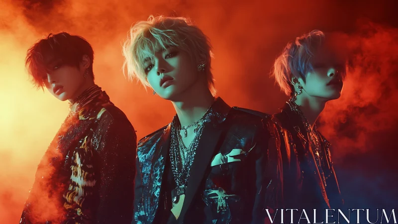 Cinematic triadic portrait in neon-tinted atmospheric haze.