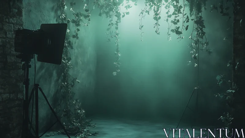 Studio lighting equipment illuminates misty ivy backdrop