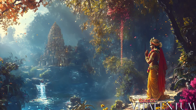 Figure in forest clearing facing riverside temple structure.