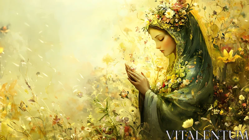 Floral-cloaked woman in luminous golden botanical field.