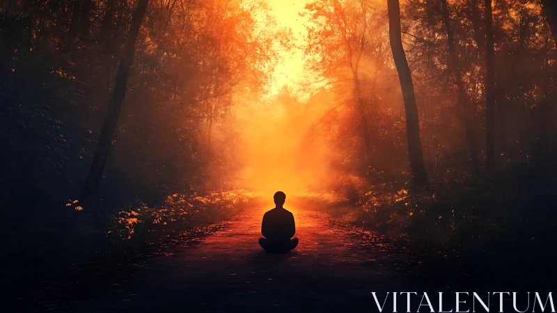 Quiet forest meditation bathed in soft golden sunrise light.