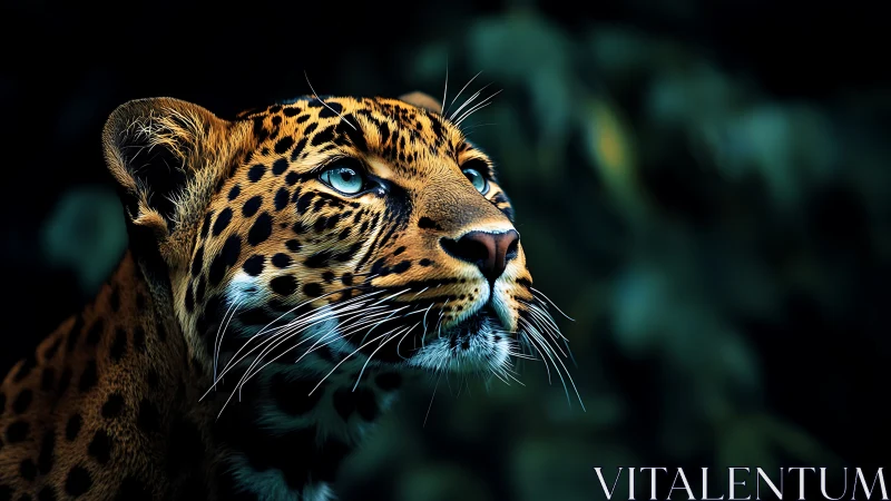 Leopard portrait in sharp focus against dark foliage.
