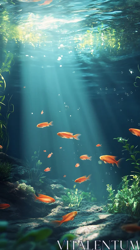 Golden fish drift through sunlit freshwater cavern depth.