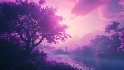 Dreamy pink riverside forest glows gently in soft evening light