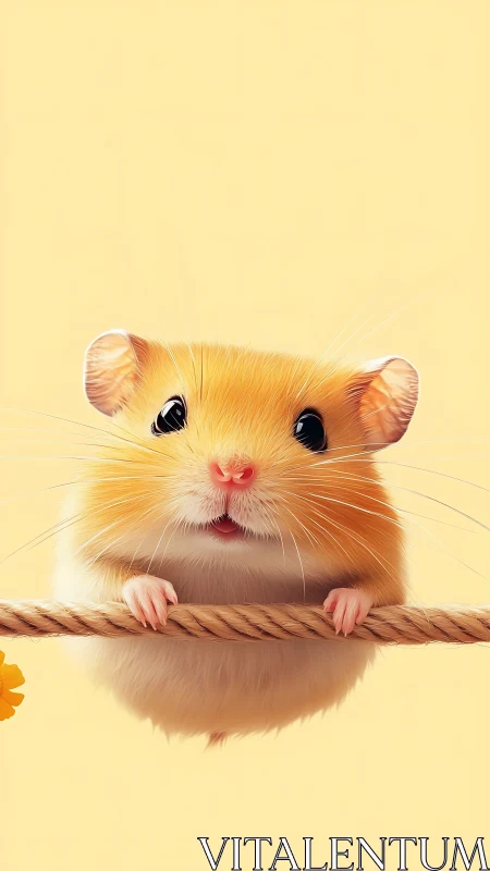 Adorable hamster hangs on rope against soft pastel yellow