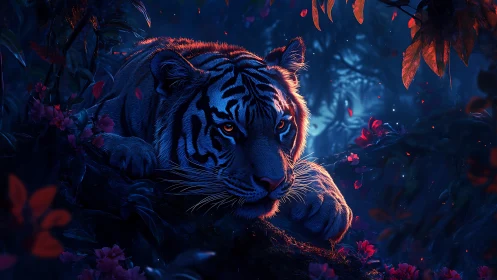 Midnight jungle hush cradles a bioluminescent-eyed tiger