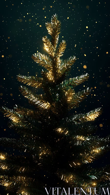 Christmas tree glows with warm golden fairy lights at night.