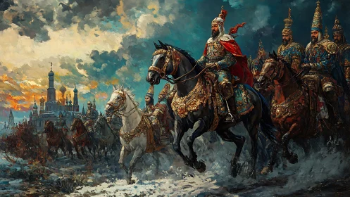 Armored cavalry rides through snow toward distant citadel