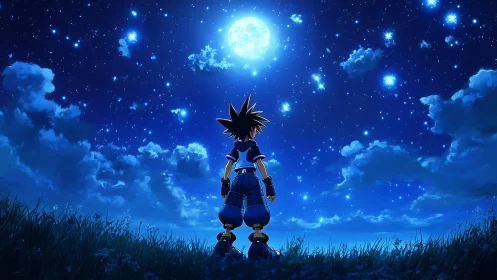 Silhouetted figure observing bright moonlit night sky.