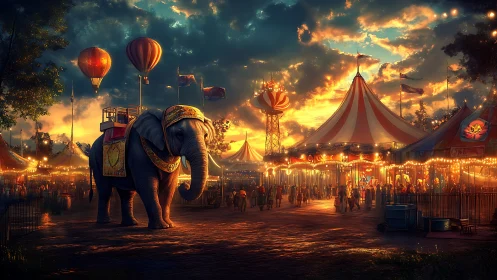 Elephant and circus tents under vivid sunset sky.
