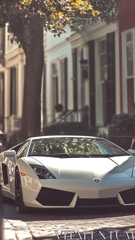Low-slung white supercar on sunlit cobblestone street fa&ccedil;ade.