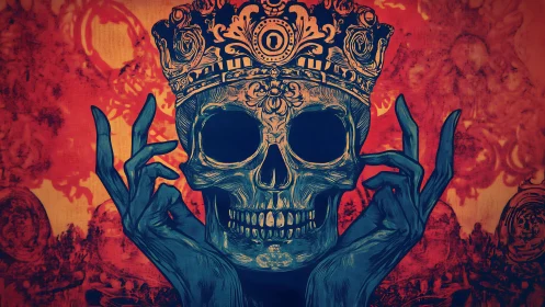 Ornate crowned skull with stylized blue hands on fiery ground