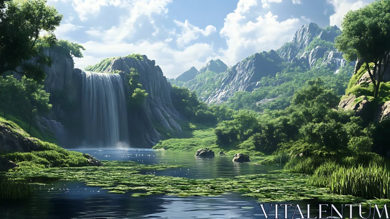 Sunlit mountain waterfall over tranquil lily pond scene.
