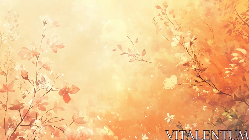 Soft orange floral branches on diffuse abstract background.
