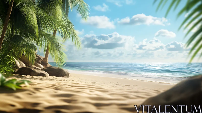 Tropical Beach Paradise Beneath Palm Fronds and Blue Sky.