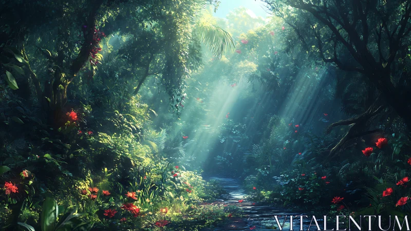 Mystical Forest Path with Luminescent Rays and Red Blooms.