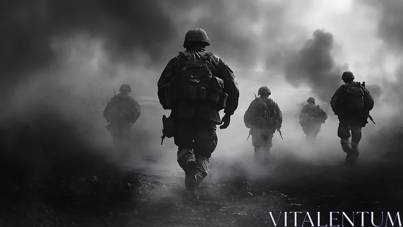 Photorealistic warzone composition with advancing soldiers in smoke.