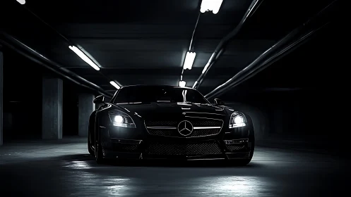 Sleek black Mercedes sports car prowls a dim urban garage.