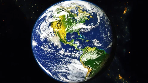 Rendered Earth globe displays high-contrast Americas with sharp cloud bands