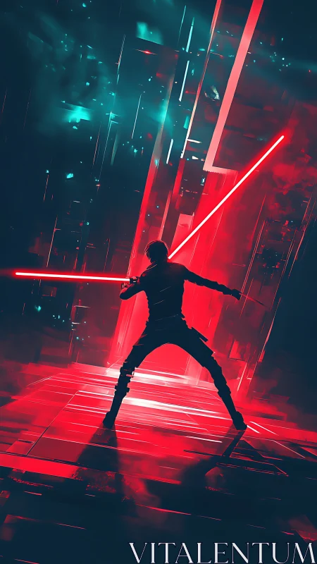 Neon blade duelist storming a glitch-lit cyber corridor.