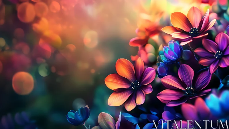 Vibrant Rainbow Flowers Bloom in Dreamlike Digital Garden